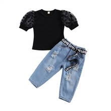 Conjunto de ropa informal de tres piezas para niña, Tops negros de manga corta, pantalones vaqueros con cintura elástica azul, traje de moda para niña 2024 - compra barato