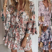 Vestido corto informal con cuello en V y manga corta para mujer, minivestido con estampado Floral, holgado, con volantes, de talla grande, para verano, 2021 2024 - compra barato