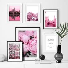 Pintura en lienzo de Arte de pared de edificio antiguo, carteles nórdicos e impresiones de paisaje, imágenes de pared para decoración de sala de estar, flor de bosque rosa 2024 - compra barato