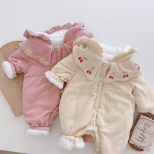 Winter Baby Girls Body Suit Thick Warm Plus Velvet Newborn Cute Hooded Romper Cartton Cherry Jumpsuits Infant Costume 2024 - buy cheap