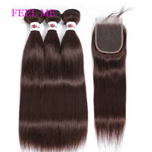 FEELME Brazilian Straight Hair With Lace Closure 4x4 With Baby Hair #2 Darker Brown Human Hair Bundles With Closure Remy Hair 2024 - buy cheap