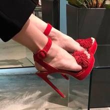 Moraima Snc de ante con flecos para mujer, Sandalias de tacón alto con punta abierta y correa en el tobillo, zapatos de plataforma sexys para fiesta, Color Rojo 2024 - compra barato