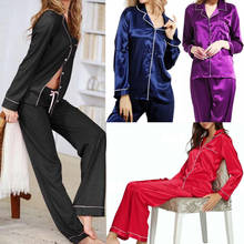 Осенние женские шелковые пижамы, Женские однотонные топы с длинными рукавами + штаны, 2 шт, нижнее белье, ночная рубашка 2024 - купить недорого