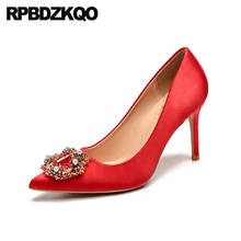 Medium Heels Plus Size Slip On Rhinestone Diamond Red Satin Shoes Women Bride 33 Pumps Crystal High Pointed Toe Scarpin Thin 2024 - buy cheap