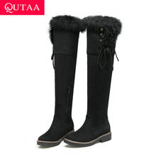 QUTAA/2020 г. Женская обувь из флока на платформе, с круглым носком, на молнии, со шнуровкой зимние теплые сапоги выше колена на меху, на квадратном каблуке размеры 34-43 2024 - купить недорого