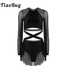 Women Long Sleeve Sexy Cutout Mesh Tutu Ballet Dress Gymnastics Leotard Padded Top with Shorts Skirt Contemporary Dance Costumes 2024 - buy cheap