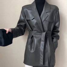 Faux Leather Coats Women Fashion Slim PU Jackets Women Elegant Tie Belt Waist Coats Female Ladies 2024 - buy cheap