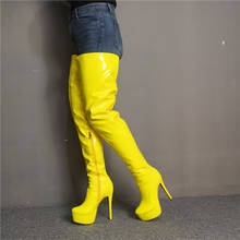 Sexy coxa alta plataforma botas femininas salto alto sexy fetiche stiletto amarelo patente de couro sobre o joelho botas de festa botas mujer 2024 - compre barato