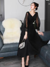 Платье женское черное, до середины икры, с длинным рукавом, 120 см 2024 - купить недорого