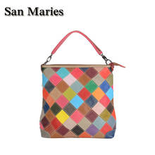 San Maries Brand Luxury Color Plaid Designer Tote Bags For Women High Quality Cowhide Leather Female Colorful Patchwork Handbags 2024 - buy cheap