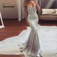 Silver Gray Muslim Formal Dress Women Elegant Sweetheart Appliques Lace Satin Long Prom Gown Mermaid Evening Dress 2022 2024 - buy cheap