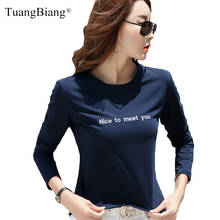 2020 Autumn Slim Letter embroidery Cotton T-Shirts O-Neck Long Sleeve Winter Women Tee shirts Purple Navy blue Green Casual Tops 2024 - buy cheap