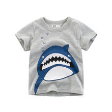 Хлопковая футболка для мальчиков; лето 2020 г.; Милая футболка с короткими рукавами и круглым вырезом с принтом акулы из мультфильма для детей; футболка для мальчиков; топы 2024 - купить недорого