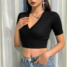 2020 New Knitted T-shirt Wild V Neck Women Top Fashion Basic Buttons Solid Colour Lady Slim Casual Crop Top 2024 - buy cheap