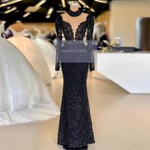 Роскошное Черное вечернее платье русалки с круглым вырезом длиной до пола с длинными рукавами, аппликацией и кисточками, платье для выпускного вечера, торжественное платье, Саудовская Аравия 2024 - купить недорого