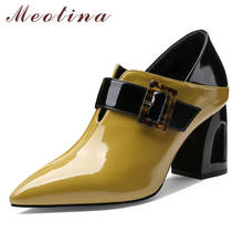 Meotina High Heels Women Pumps Natural Genuine Leather Buckle Fretwork High Heel Shoes Cow Patent Leather Pointed Toe Shoes Lady 2024 - buy cheap