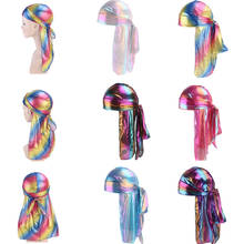 Sparkly Dazzling Colorful Silky Durags Turban Cap Headwear for Women Men Long Tail Headband Bandanas Head Scarf Accessories Gift 2024 - buy cheap