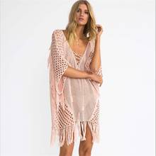 Vestido playero para mujer, Túnica Pareo de punto de ganchillo, ropa de playa, ropa de baño de red, vestido de mujer, Kimono de manga murciélago con borlas 2024 - compra barato