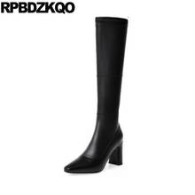 sexy women pointed toe luxury knee high 10 big size tall heel shoes side zip boots female genuine leather chunky long fur black 2024 - buy cheap