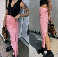 Saia comprida ajuste curto feminina, peça única elástica rosa cintura alta divisão estilo refinado atraente/m/l/xl 2024 - compre barato