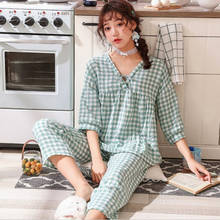 New Pajamas Women's Plaid 3/4 Sleeve Pant Set V-Neck Seersucker Cotton Pyjamas Women Spring Summer Sleepwear Pijama Home Suit 2024 - buy cheap