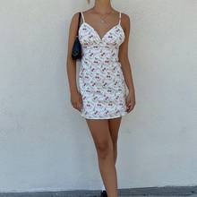 Vestido curto de verão feminino sexy gola v sensual sem mangas alça espaguete floral cereja vestido estampado 2024 - compre barato