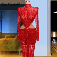 Ilusão de pescoço alto vermelho longo vestidos de noite 2021 glitter penas e lantejoulas formal vestidos de baile sexy cocktail 2024 - compre barato