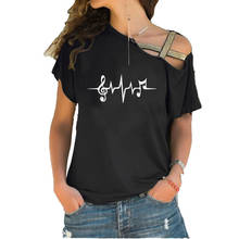 Summer Fashion Music Symbol print T Shirt  Woman Cotton Irregular Skew Cross Bandage Tshirt 2024 - buy cheap