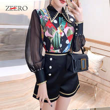 Spring Autumn Women Chiffon Two Piece Set Lingge Stitching Printing Lantern Sleeve Lapel Top + Diamond Buttons Short Pant Suit 2024 - buy cheap