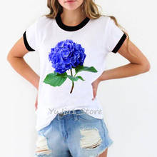 Camiseta feminina estampa flor de hortências, camiseta kawaii, roupas de verão, top feminino, roupas plus size 2024 - compre barato