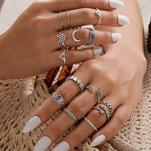 Anéis de anéis geométricos para mulheres, conjunto de 14 tamanhos vintage de penas, lua e flecha e coração, acessórios de joias boêmias punk 2024 - compre barato