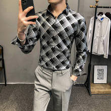 Camisa xadrez masculina, moda de primavera 2021, slim fit, roupa urbana, casual, manga longa, smoking, vestido 3xl 2024 - compre barato