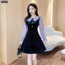 Women Winter Spring Basic Wear Elegant Party Patchwork Cute Sweet Peter Pan Collar Mini Shirt Dress 2024 - buy cheap