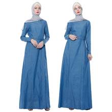 2019 Autumn Muslim Women Denim Maxi Dress Long Sleeve Kaftan Islamic Prayer Robe Gown With Belt Slim Dress Arab Turkish Fashion 2024 - buy cheap