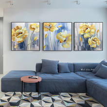 Pintura a óleo abstrata azul amarelo flor em tela cartaz e imagem artesanal arte de parede quadros decoração de sala de casa 2024 - compre barato