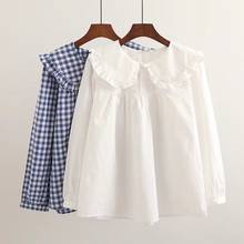 Рубашка женская в клетку с длинным рукавом, топ в японском стиле мори, милая хлопковая белая блузка с воротником Питера Пэна для маленьких кукол, MH483, на лето 2024 - купить недорого