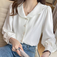 Blusa feminina branca de manga comprida, camiseta feminina fashion 2021 com gola boneca chiffon camisa e675 2024 - compre barato