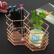 Organizador de bolígrafos de doble hexagonal, caja de almacenamiento creativa de oro rosa, soporte para brochas de maquillaje, contenedor, suministros de oficina 2024 - compra barato