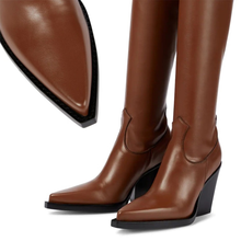 Botas por encima de la rodilla de piel auténtica para mujer, zapatos largos de tacón alto grueso, de lujo, color negro y marrón, talla grande 2024 - compra barato