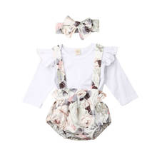 Conjunto de roupas infantis de 0 a 24m, macacão, manga longa, lisa, blusa + shorts bib com flor, tiara, 3 peças 2024 - compre barato