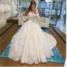 Elegant Luxury Ball Gown Wedding Dresses Long Sleeves Appliques Ruched Skirt Illusion Wedding Gowns With Chapel Train Church 2024 - buy cheap