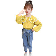 Crianças roupas meninas pérolas jeans + blusa meninas outfits primavera outono roupa para meninas estilo casual roupas infantis 6 8 10 12 2024 - compre barato