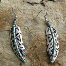 Pendientes colgantes de plumas bohemios para mujer, aretes de moda Vintage con piedra azul y Color plateado, joyería para mujer, regalos de fiesta bohemios 2021 2024 - compra barato