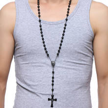 Meaeguet 76cm Chain Black Stainless Steel Bead Chain Rosary Jesus Christ Cross Pendant Long Charm Necklace For Men 2024 - buy cheap