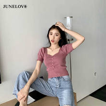 JuneLove Summer Knitted Vintage Button Tshirt Vintage Women Korean Short Seleeve T-Shirt Sexy V-Neck Crop Top Women Clthoes 2020 2024 - buy cheap