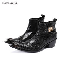 Batzuzhi botas masculinas de cowboy ocidental, botas curtas de couro genuíno preto de 6.5cm, bico fino, tamanhos grandes 2024 - compre barato