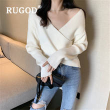 RUGOD 2019 New Women Sexy Knitted Sweater Cross V-neck Off-shoulder Long Sleeves Slim Sweater Chic Temperament Streetwear Coat 2024 - buy cheap