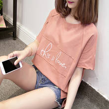Camisetas de algodón para mujer, camiseta informal holgada de verano con dobladillo Alto y Bajo, camiseta de manga corta con letras coreanas 2024 - compra barato