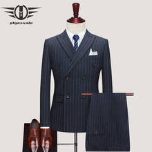 Костюмы Plyesxale мужские, черные, серые, темно-синие, в полоску, приталенный двубортный мужской костюм s, весна-осень, формальный костюм из 3 предметов Q958, 2020 2024 - купить недорого