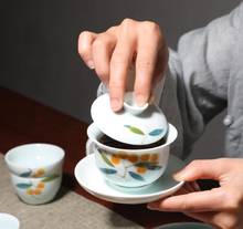 Cuenco de cerámica para decoración del hogar, teteras pintadas a mano con patrón de Loquat Gaiwan, Celadon, Kung Fu, 130ml 2024 - compra barato